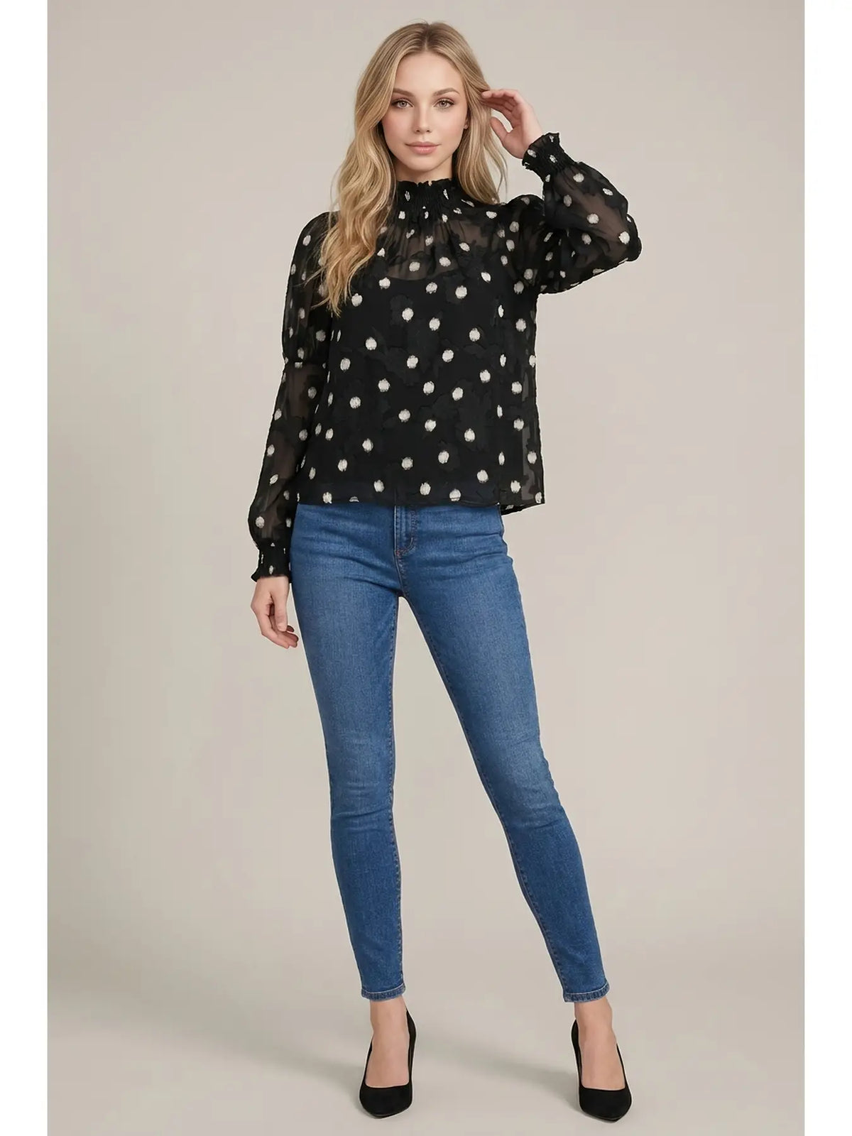 Doe and Rae black sheer polka dot mock neck long sleeve blouse
