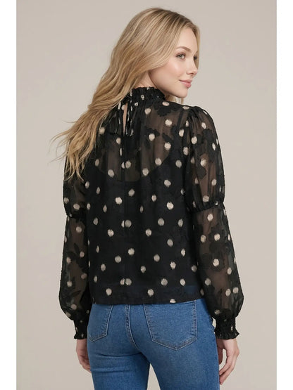 Doe and Rae black sheer polka dot long sleeve blouse with ruffle neckline