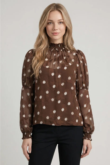 Doe and Rae brown polka dot sheer mock neck blouse with smocked cuffs