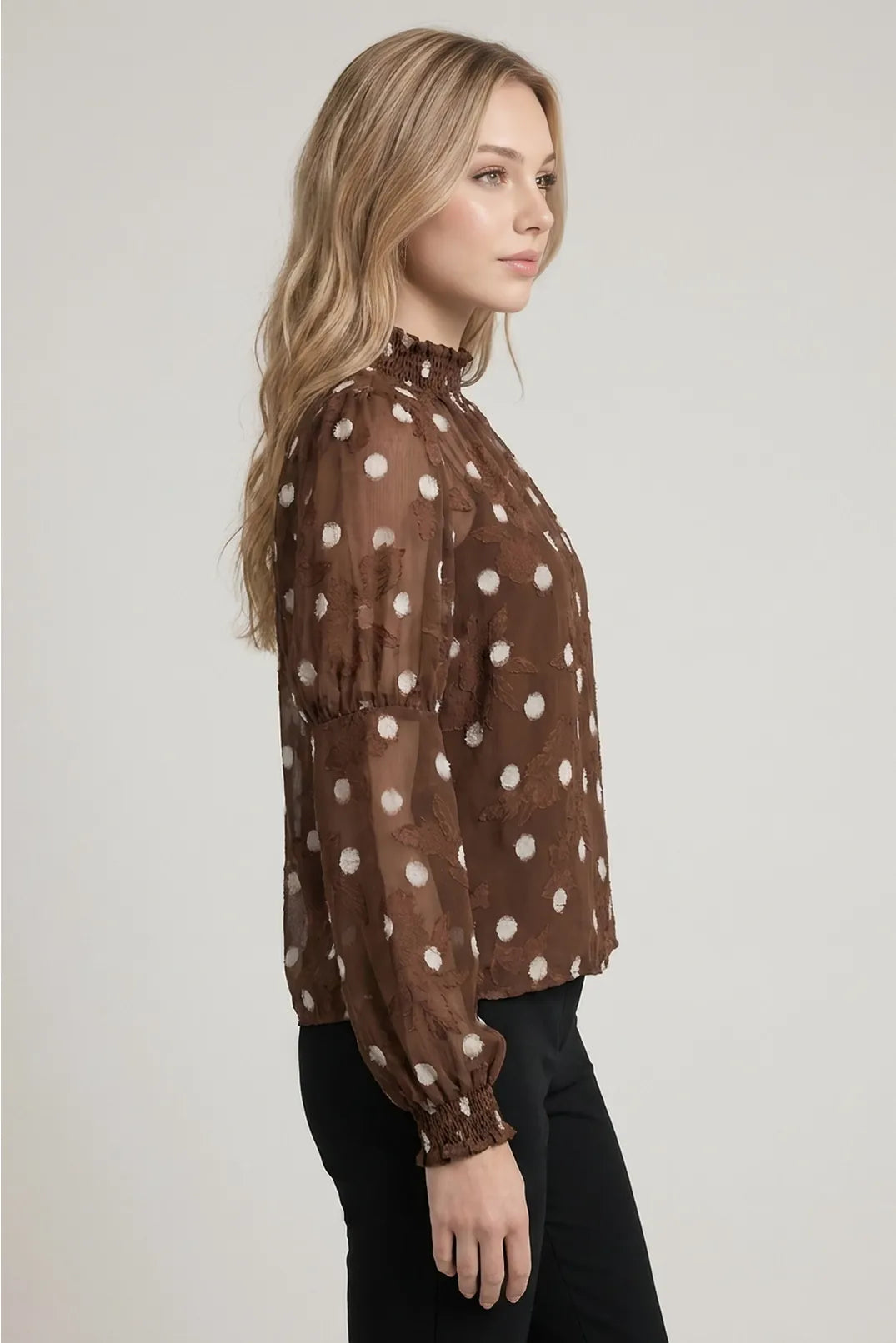 Doe and Rae brown polka dot sheer mock neck long sleeve blouse