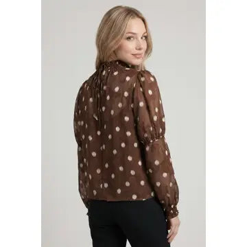 Doe and Rae brown polka dot sheer long sleeve blouse, back view