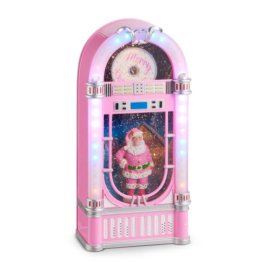 Pink retro-style jukebox water globe with Santa figure, glitter, and colorful LED lights