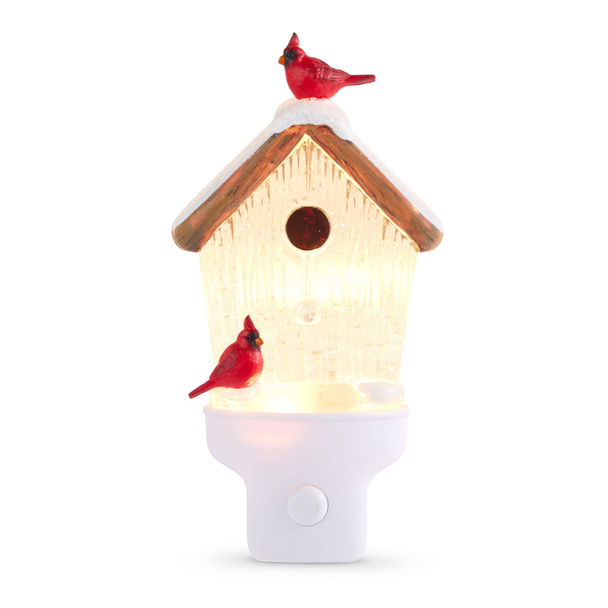 Illuminated birdhouse night light with two red cardinals, snow-dusted roof, warm glowing interior