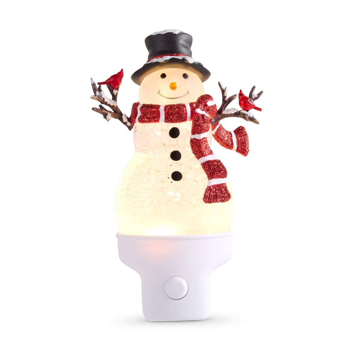 Glowing snowman night light with red glitter scarf, black top hat, and cardinal birds on twig arms
