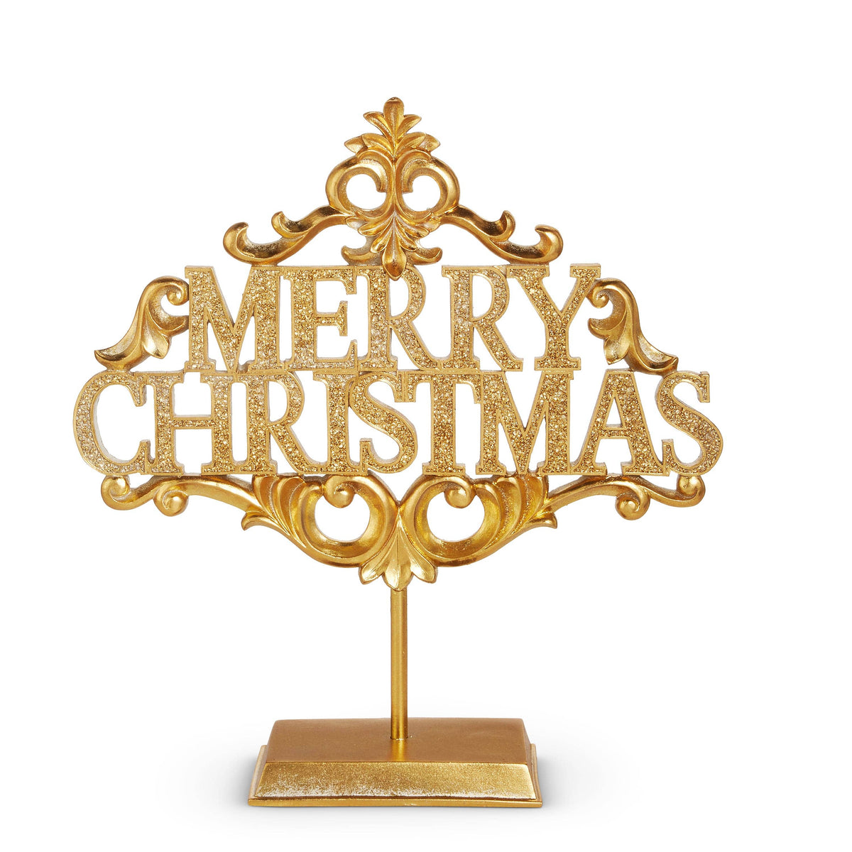 Gold glittery Merry Christmas sign with ornate scrollwork on a pedestal stand, front view