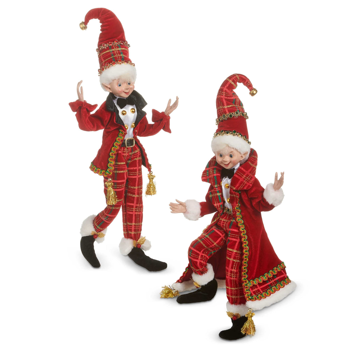 Two posable Christmas elf figurines in red plaid suits with tall pointed hats and gold bells