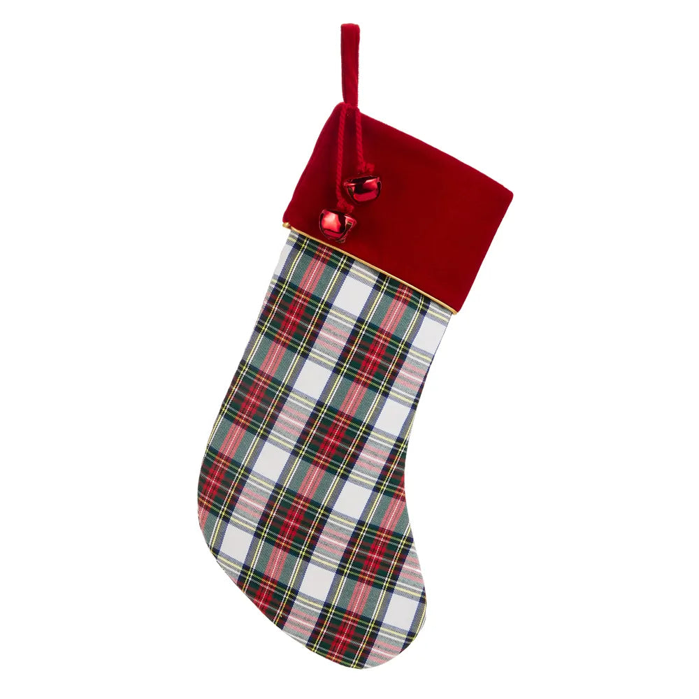 White plaid Christmas stocking with red velvet cuff and red jingle bells