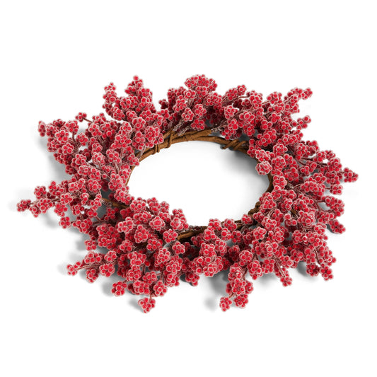 Circular mini wreath candle ring densely covered with frosted red berries on a twig base
