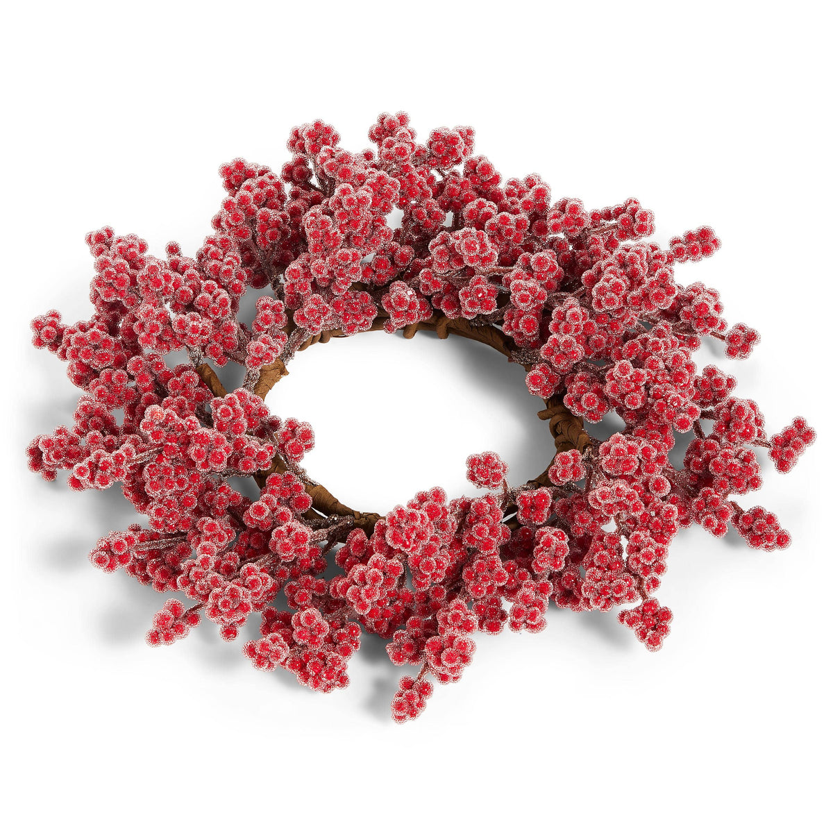 Frosted red berry wreath candle ring on twig base, overhead view