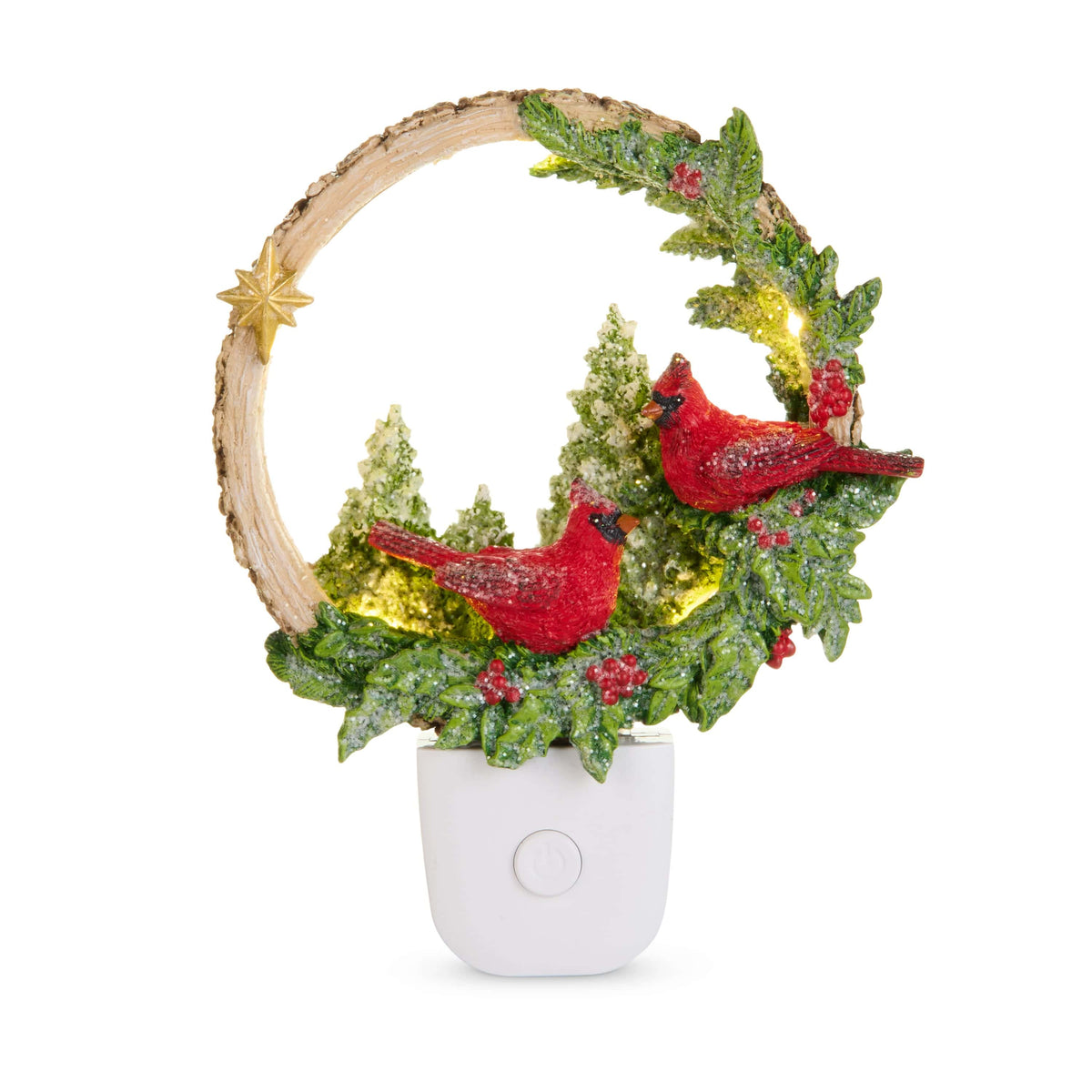 Christmas night light with two red cardinals on a holly wreath with a wood-slice ring and gold star