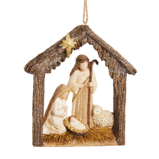 Resin nativity ornament with Holy Family, star, and lamb in rustic wood stable