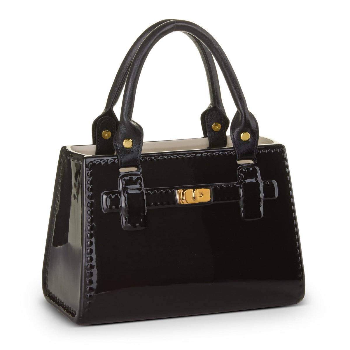 Glossy black ceramic purse-shaped vase with real leather handles and gold hardware, angled view