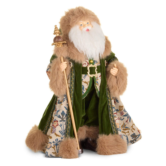 Decorative Santa figurine in green velvet robe with floral tapestry coat, fur trim, and golden staff