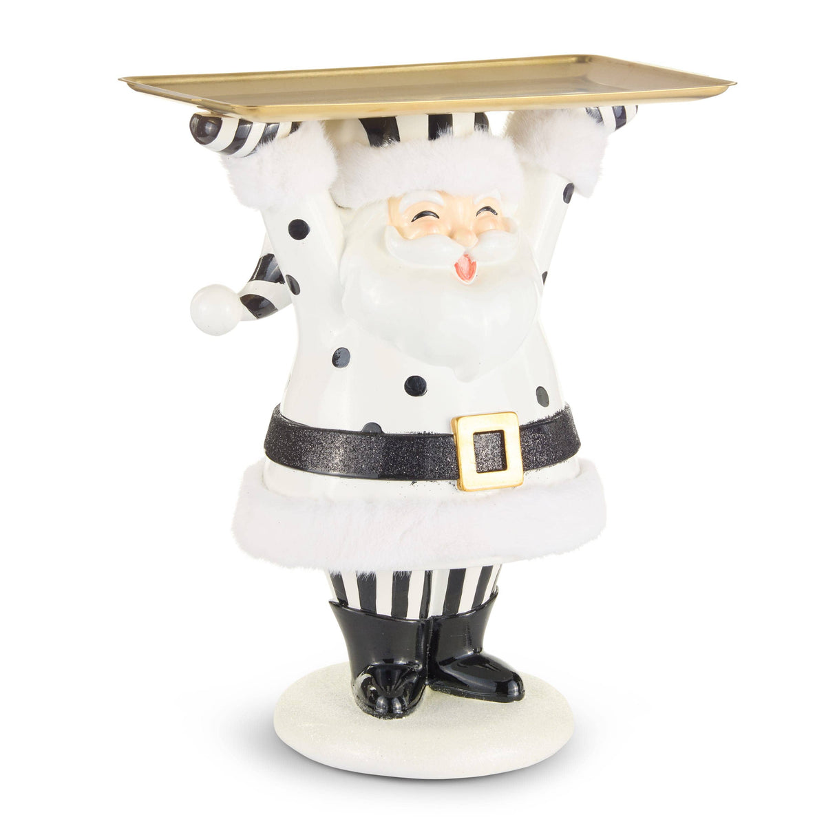 Santa Claus figurine in black-and-white polka dot suit holding a gold serving tray overhead