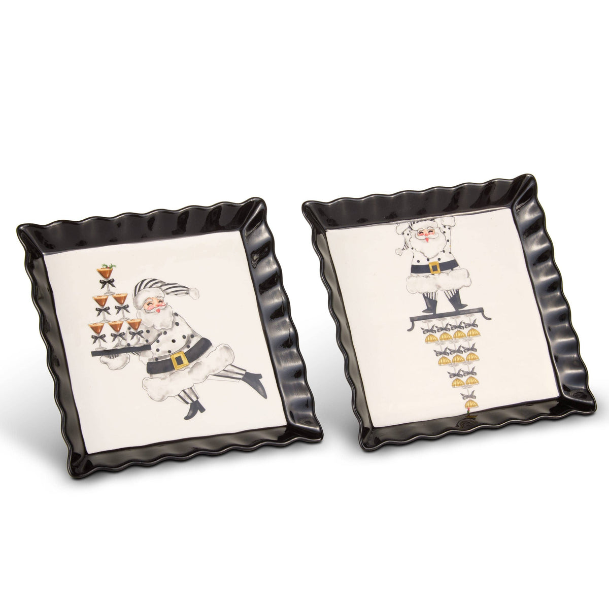 Set of two square ceramic trinket trays with ruffled black borders and whimsical Santa Claus illustrations