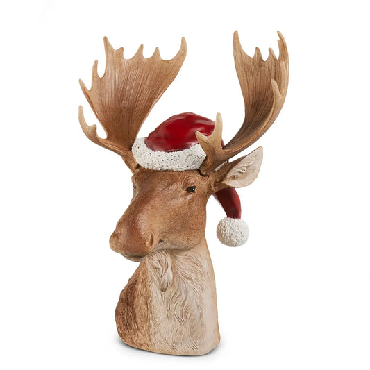 15 inch brown resin moose bust figurine wearing a red Santa hat with white trim
