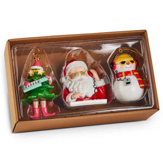 Set of three Christmas ornaments: Christmas tree, Santa, and snowman with music accessories