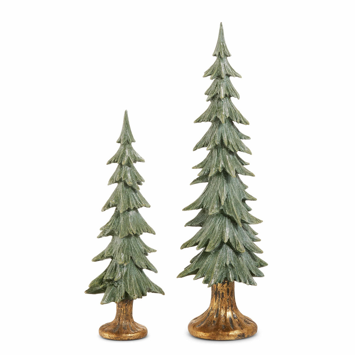 Set of two decorative resin pine tree figurines with glitter finish and antique gold bases