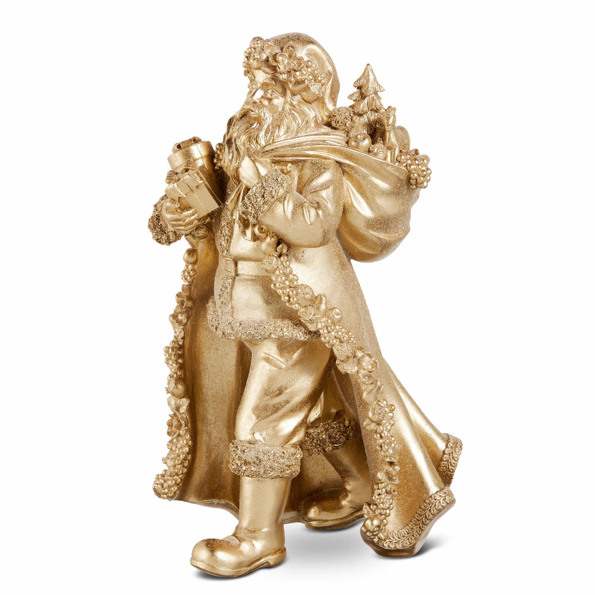Gold resin Santa Claus figurine holding gifts and sack, wearing ornate fruit-trimmed coat