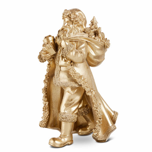 Gold resin Santa Claus figurine holding gifts and sack, wearing ornate fruit-trimmed coat