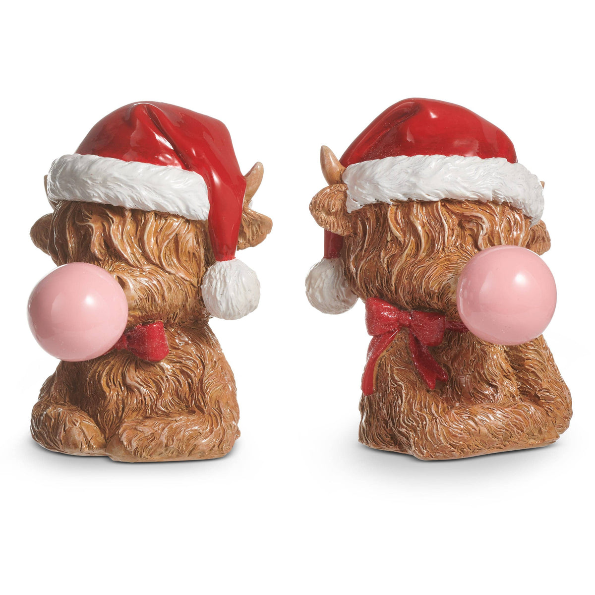 Two views of a fluffy highland cow figurine wearing a Santa hat and blowing a pink bubble