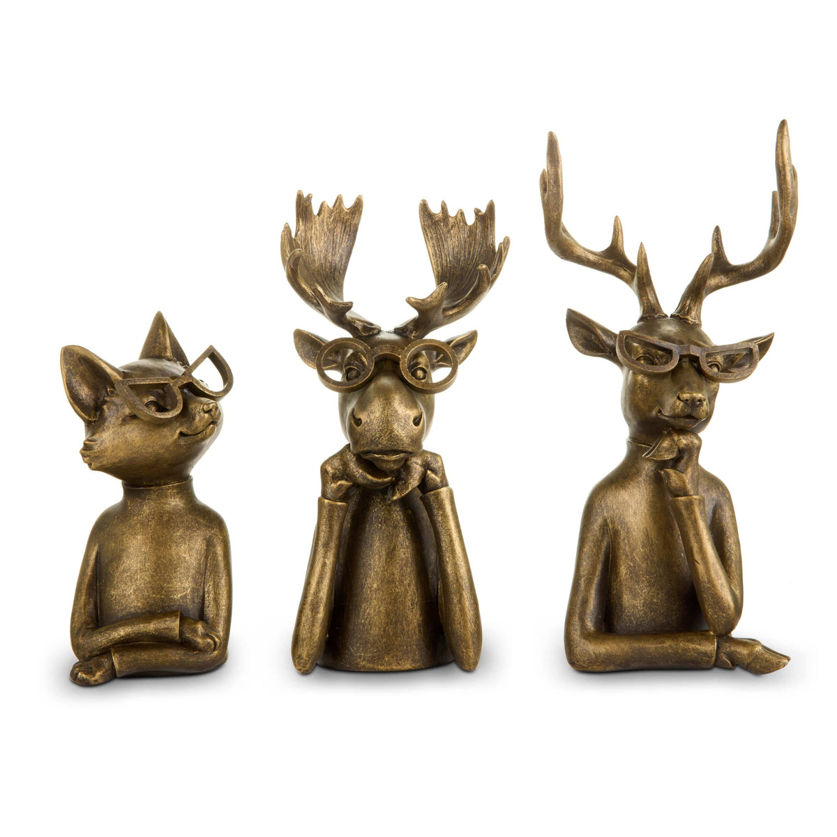Set of three bronze-toned animal figurines wearing glasses in thoughtful poses