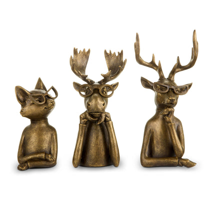Set of three bronze-toned animal figurines wearing glasses in thoughtful poses