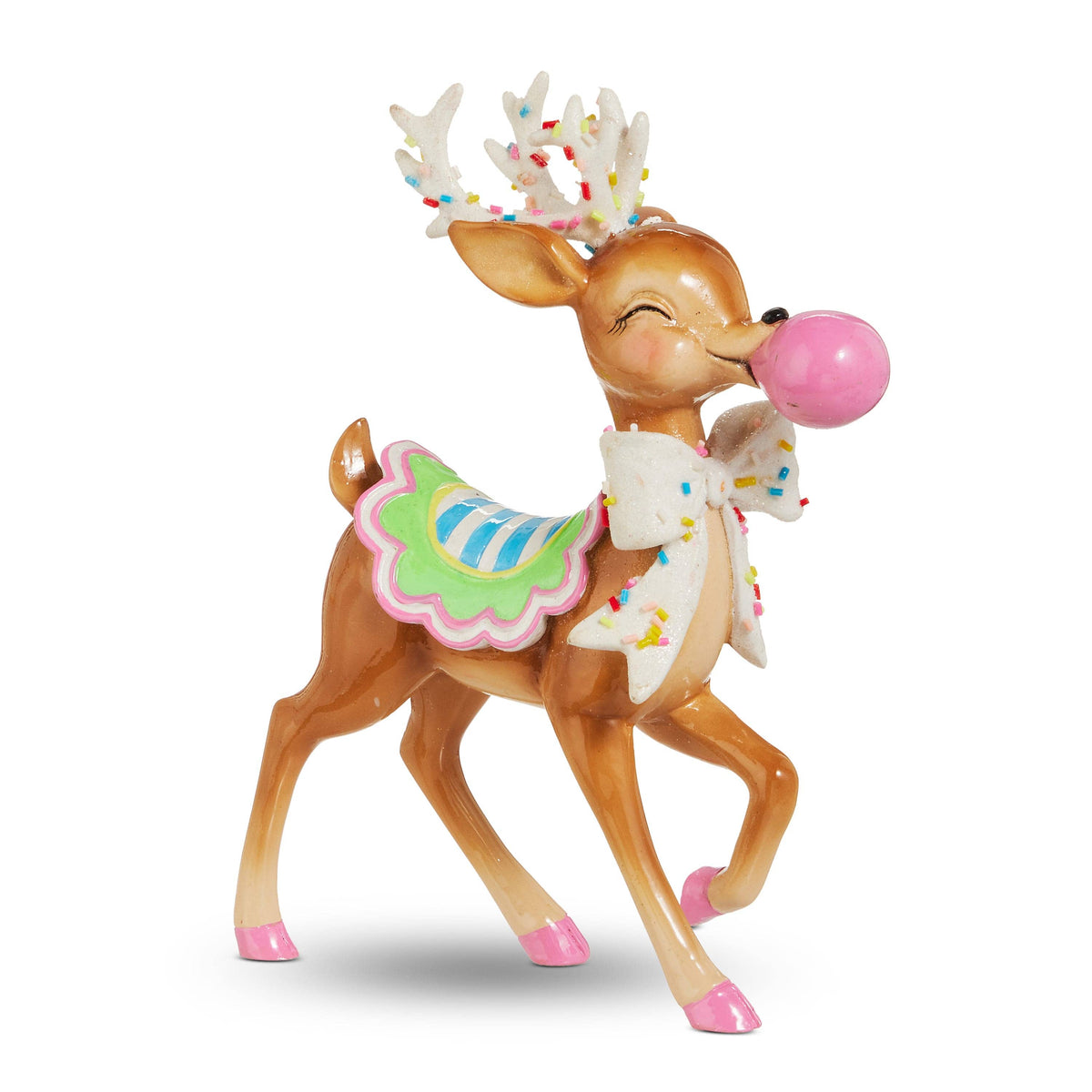 Whimsical reindeer figurine blowing a pink bubblegum bubble, decorated with sprinkles and a glitter bow