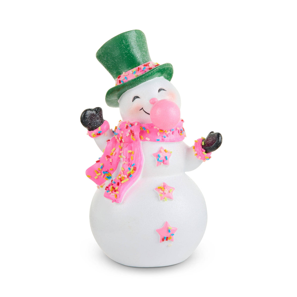 Cheerful snowman figurine blowing bubblegum, wearing green top hat and pink sprinkle-covered scarf