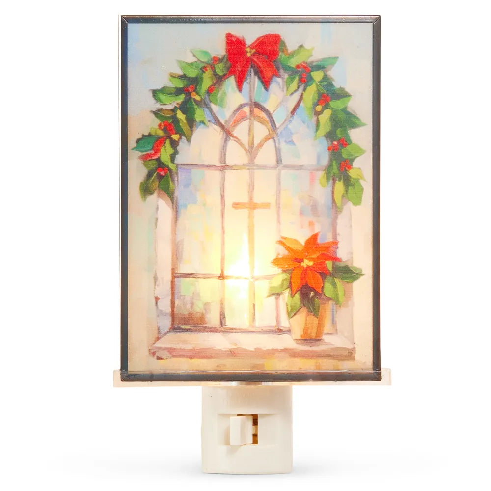 Christmas night light with stained glass church window, poinsettia, and holly wreath