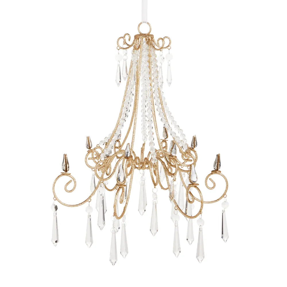 Gold glitter wire chandelier ornament with crystal bead strands and clear pendant drops