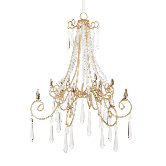 Gold glitter wire chandelier ornament with crystal bead strands and clear pendant drops