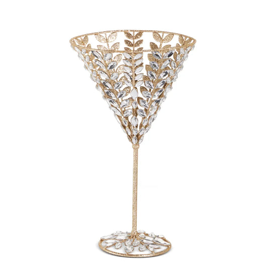 Gold glitter metal martini glass with crystal rhinestone leaf embellishments, 15 inch decorative