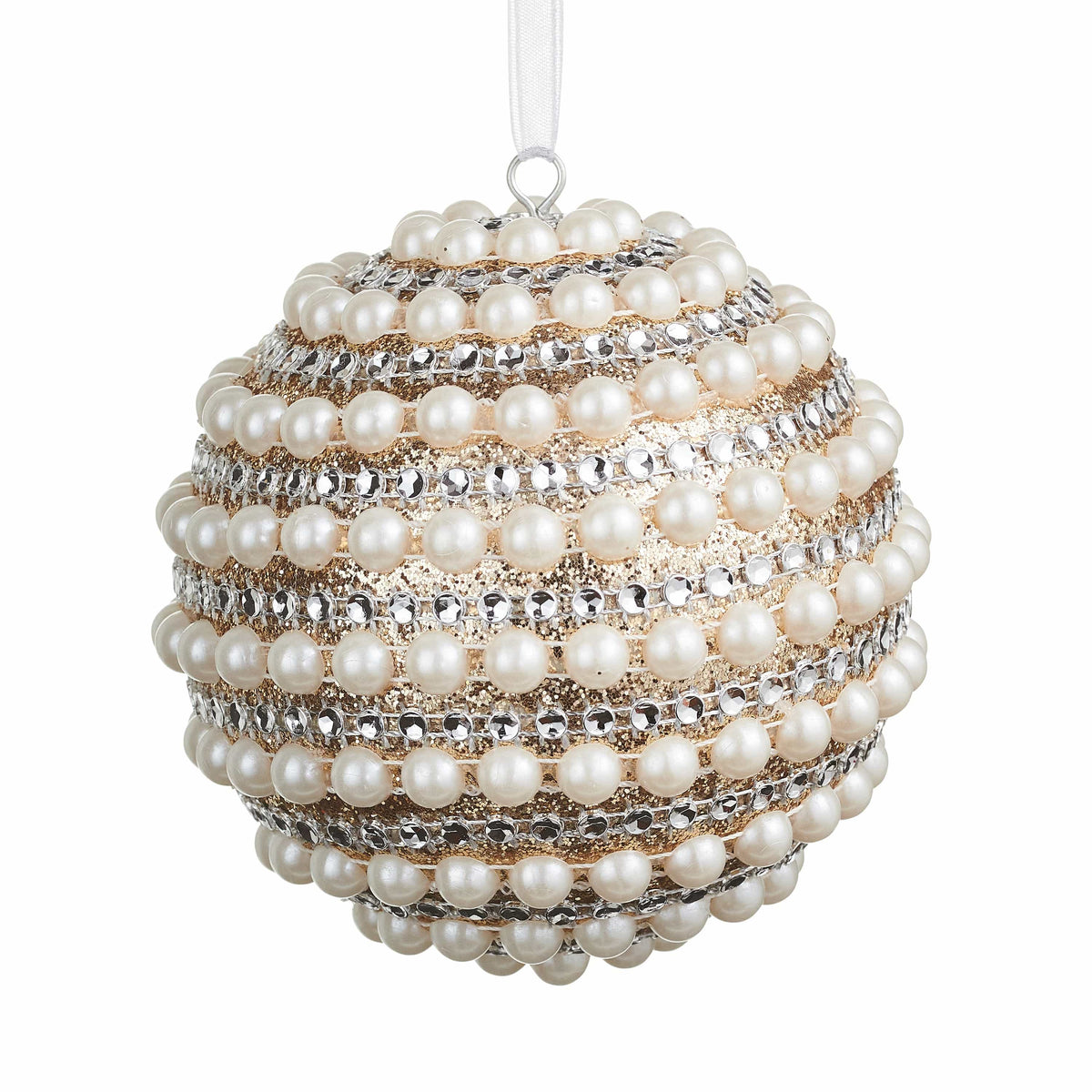 Round holiday ball ornament covered in cream pearl beads and silver rhinestones on a gold glitter base, hung by white ribbon