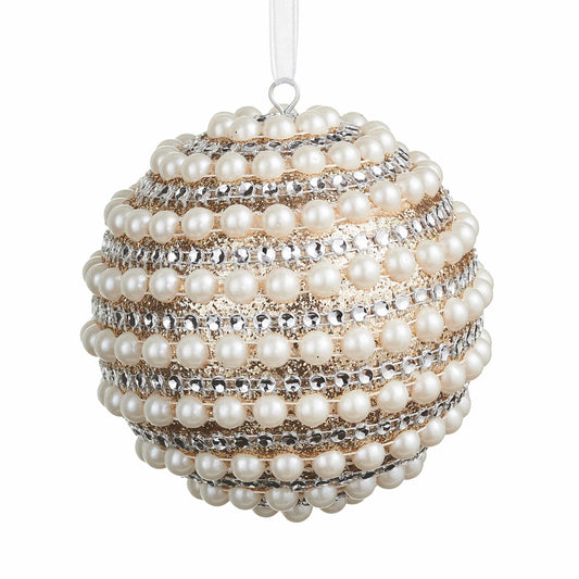 Round holiday ball ornament covered in cream pearl beads and silver rhinestones on a gold glitter base, hung by white ribbon