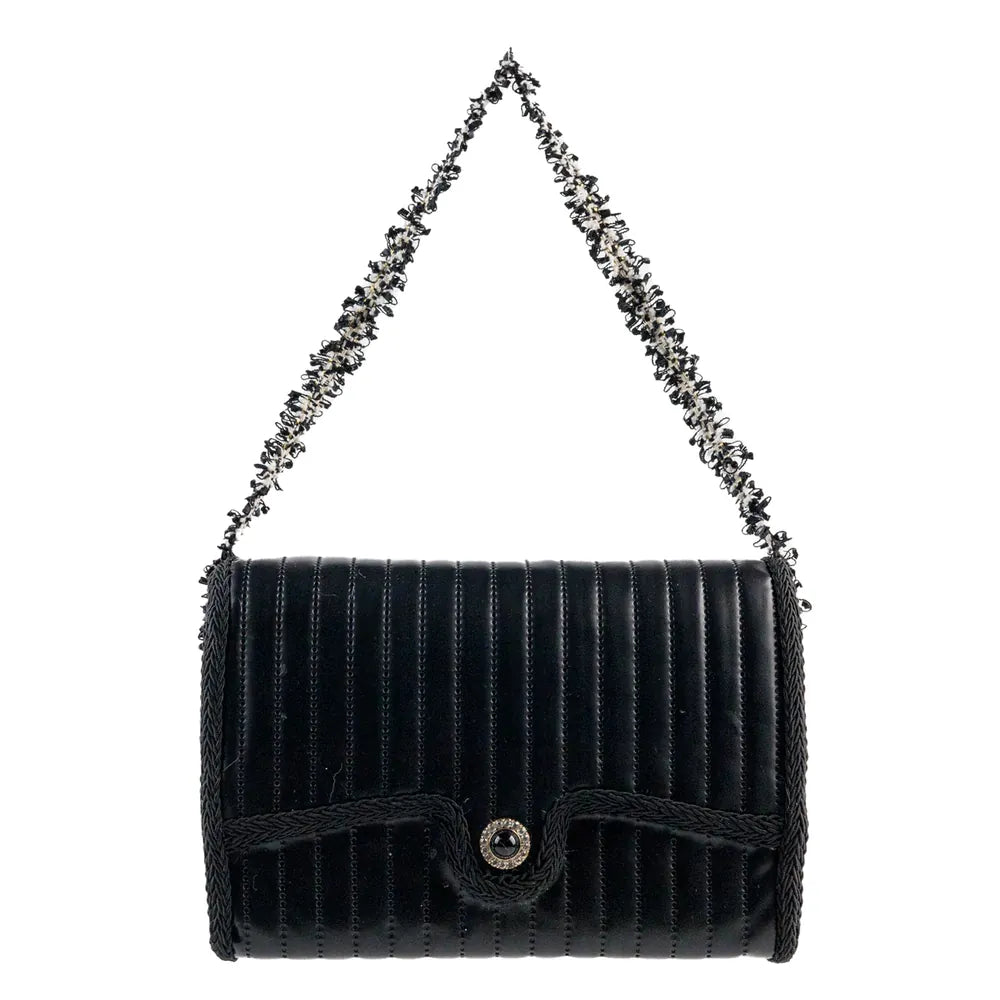 Black quilted purse ornament with beaded chain strap and jeweled clasp detail