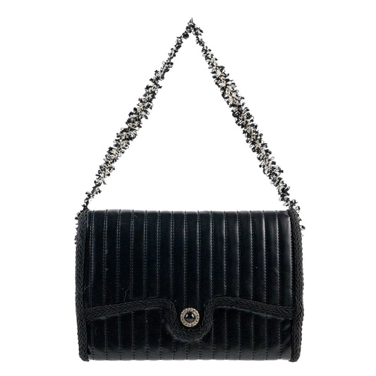 Black quilted purse ornament with beaded chain strap and jeweled clasp detail