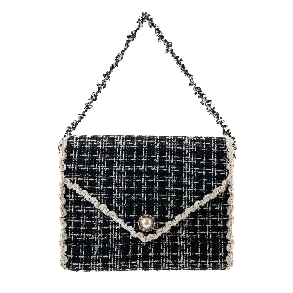Black and white tweed envelope purse ornament with pearl button and chain strap