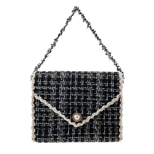 Black and white tweed envelope purse ornament with pearl button and chain strap