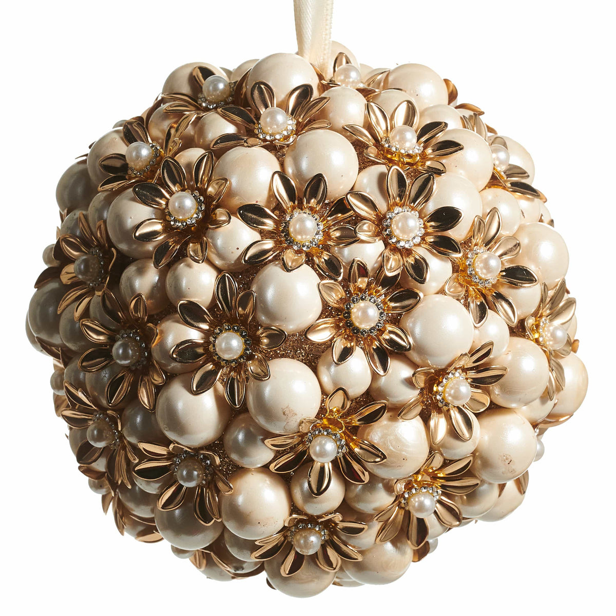 Spherical ornament covered in cream pearls and gold daisy embellishments, hanging by ribbon