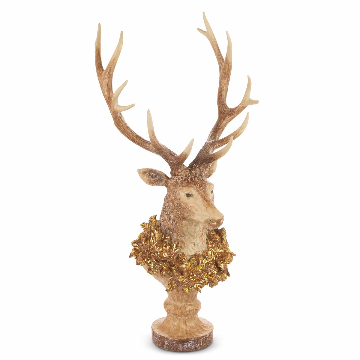 Resin stag head bust sculpture with large antlers and golden leaf wreath collar on pedestal base