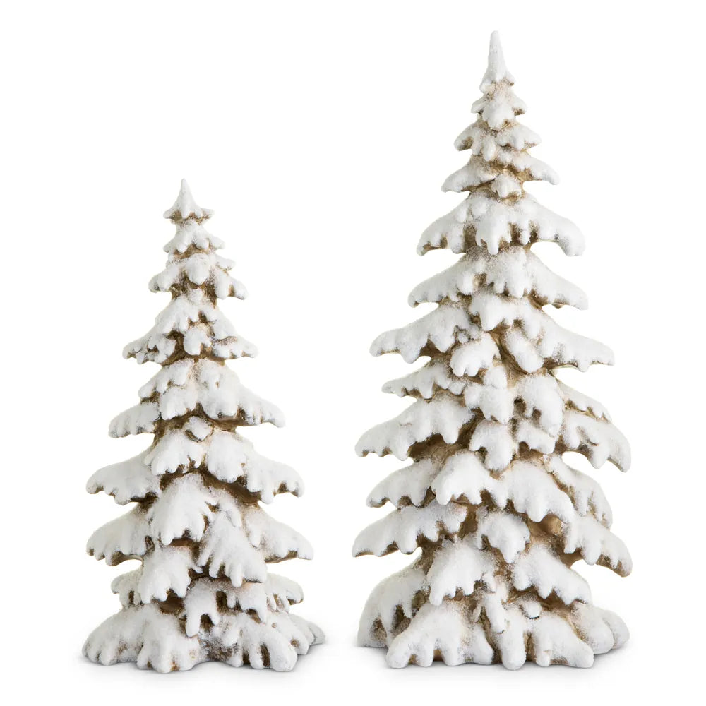 Two snow-dusted resin pine tree figurines in small and large sizes with frosted white finish
