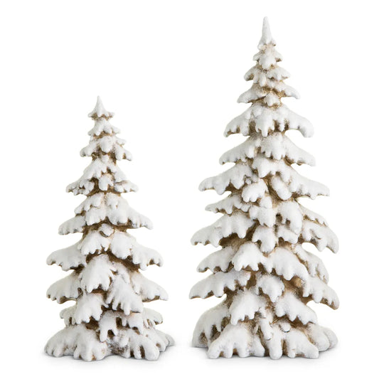 Two snow-dusted resin pine tree figurines in small and large sizes with frosted white finish