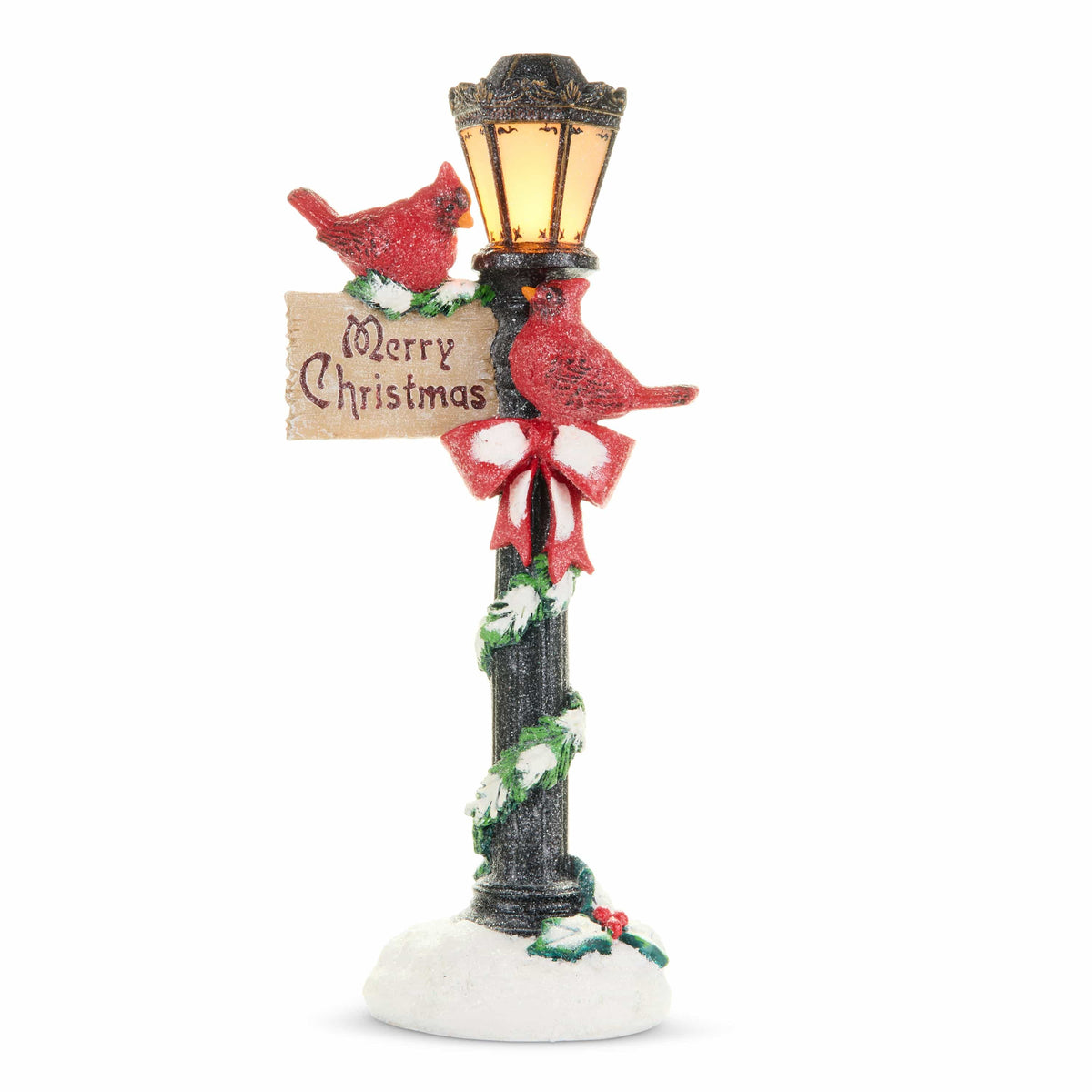 Lighted vintage-style lamp post figurine with two red cardinals and Merry Christmas sign