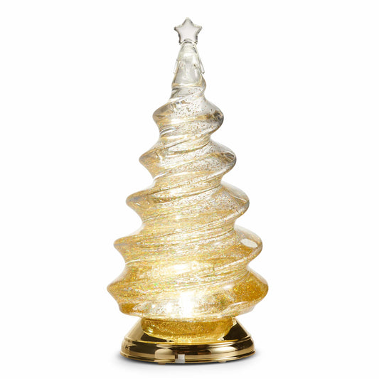 Spiral glass Christmas tree with gold glitter interior, star topper, and gold base