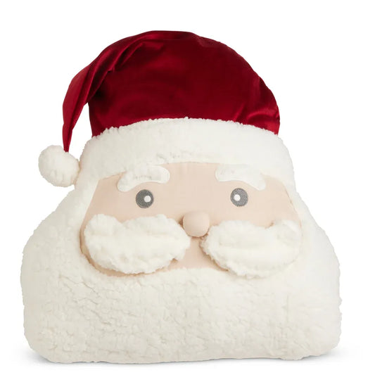 Fluffy Santa Claus face-shaped pillow with sherpa beard and red velvet hat, front view