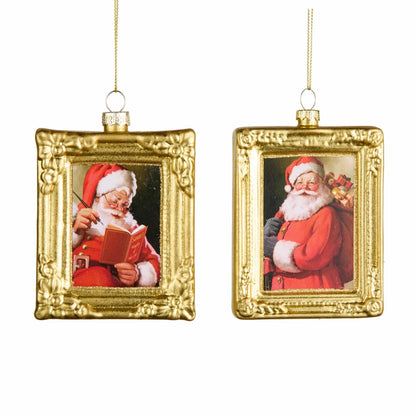 Two rectangular gold ornate framed glass ornaments featuring vintage Santa Claus illustrations, hanging display
