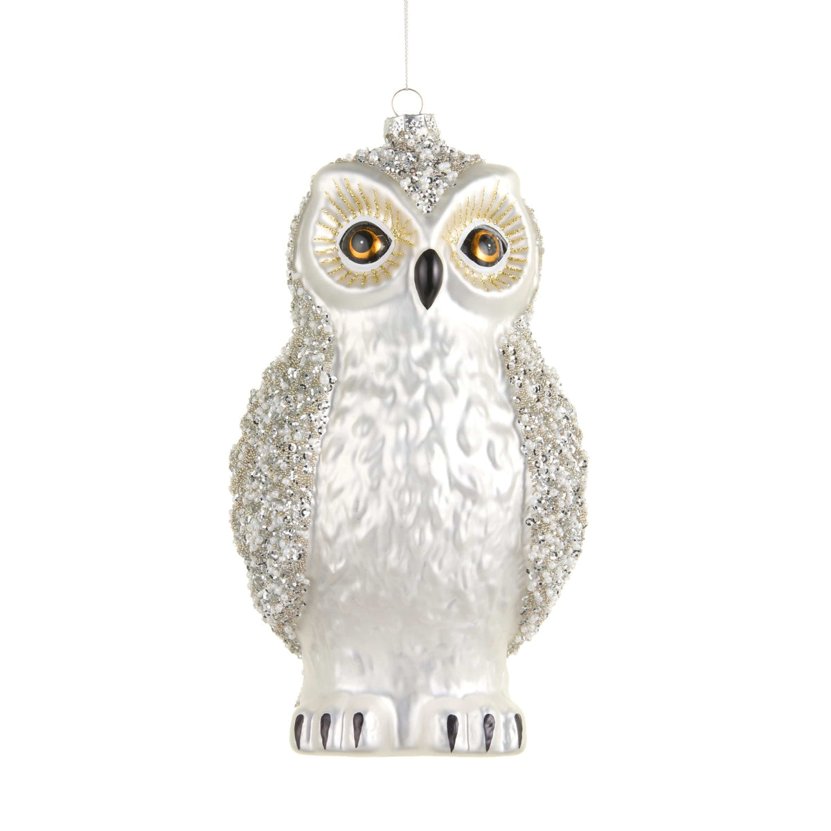 Glass snowy owl Christmas ornament with beaded silver wings, gold eyelashes, and amber eyes