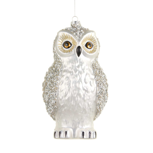 Glass snowy owl Christmas ornament with beaded silver wings, gold eyelashes, and amber eyes