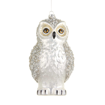 Glass owl Christmas ornament in white with silver beaded wings and golden eyes, front view